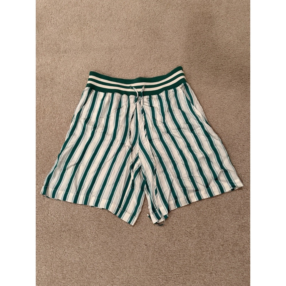 Anthropologie Silky Bermuda Boxer Shorts Green White Striped Drawstring Lounge S - Picture 1 of 3
